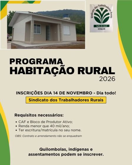 Inscrições para o Programa Habitação Rural 2026.