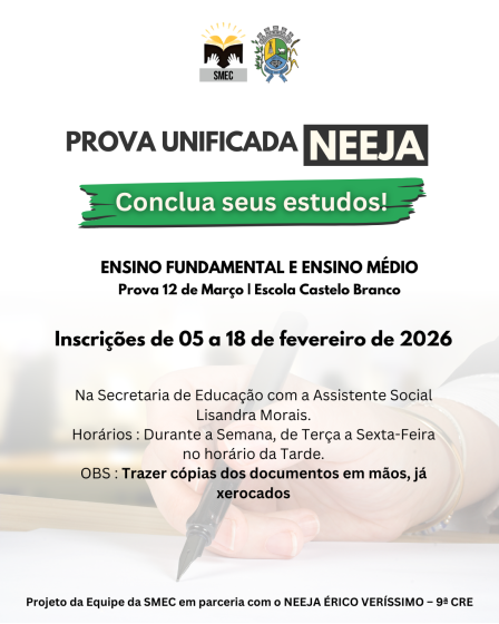 Prova Unificada NEEJA para conclusão de Ensino Fundamental e Médio 2026