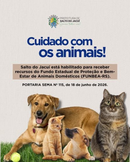 Salto do Jacuí é Habilitado no SEMA para concorrer a verbas no FUNBEA-RS (Fundo Estadual de Proteção e Bem-Estar de Animais Domésticos).