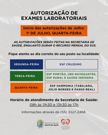 Autorização de exames laboratoriais de Julho